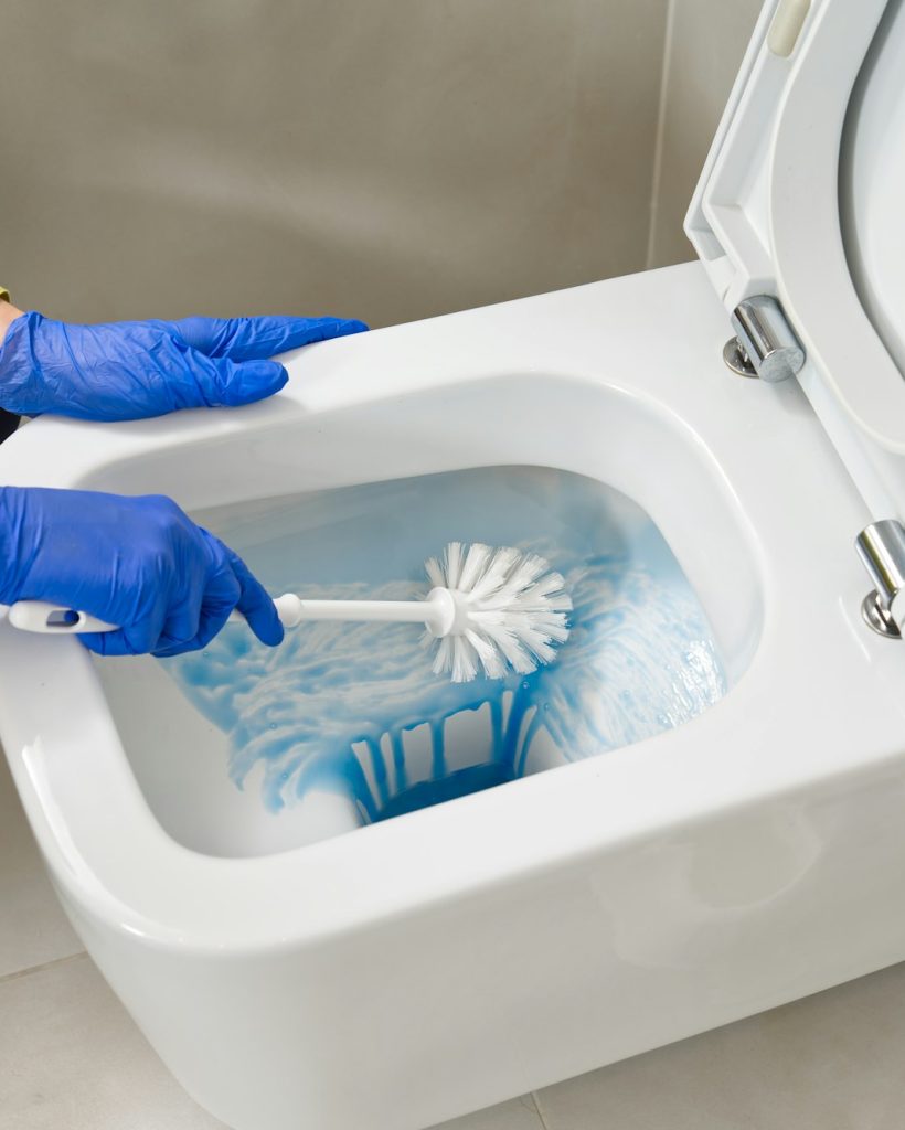 Wall mounted toilet cleaning. hotel maid cleans toilet with a scrub brush. woman household service
